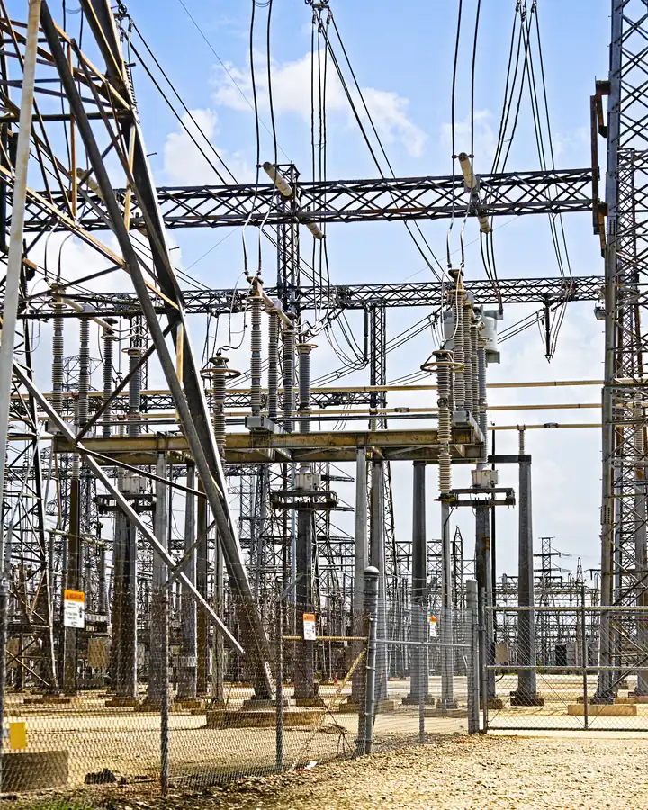 High-voltage electrical substation on open desert ground